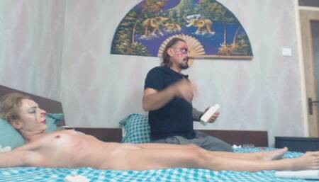 clown has tits and belly massaged