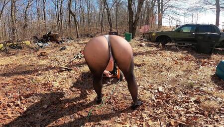 Thong Bodysuit Over Pantyhose - Outdoor Chores