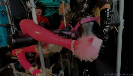 Latex barbie doll used for every hole by 3 dommes