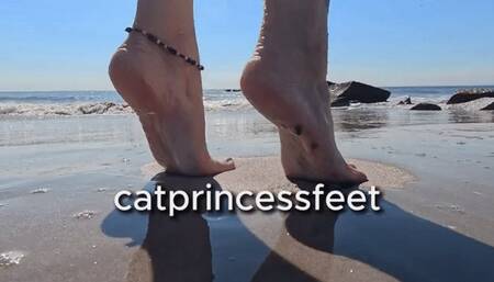 Beach feet, Coney Island beach walk, wet and sandy wrinkles, pretty, long toes, size 9 milf feet in long skirt, pink peach polish