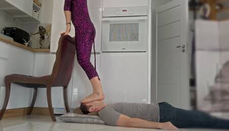 Pink Catwoman Galyna Stands On Man Face And Gives Feet To Lick