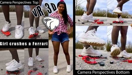 VR 3D Clip | Ferrarie Crush Trample Destroy | 2 Camera Perspectives | Top | Bottom - Girl crushes a Ferrari with her stinky nylons Fila sneakers, she kicks very hard and turns Ferrari into scrap cars destroyed, kicked, trampled, crushed, smashed, crushed,