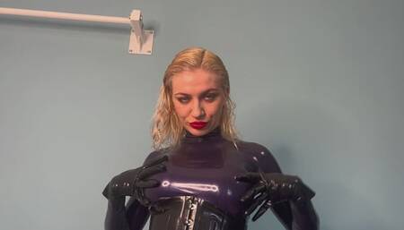 Horny blonde in totally latex