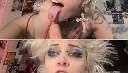 GLITTERQUEEN1999 ties her nose with rope, pig nose fetish, deepthroat cock sucking spit fetish long tongue goth fetish
