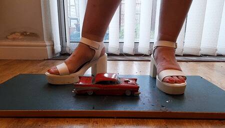 Giantess Lou crushes a 1957 Chey bel air in white chucky heels low ground view
