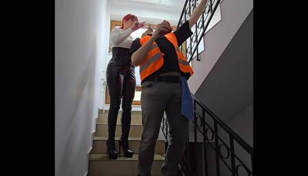 Smoking and human ashtray on stairs with my slave Faith