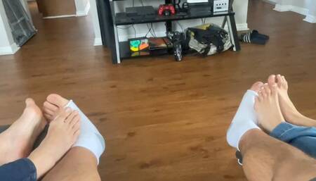 Indica Jane & Natasha Ty Play Footsies on Couch with Male Roommate | Asian Feet | Brunette Feet | Barefoot