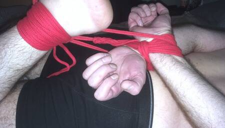 Hogtied man being edged from behind and made to fuck the bed