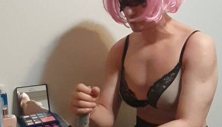 Sissy slut Wolfy01 and dominatrix GospodaricaEmma has BDSM session; role play sissyfication with dildo blowjob, dildo handjob, foot worship and foot smothering