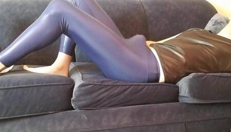 Spandex Boy Masturbating in Shiny Blue Leggings