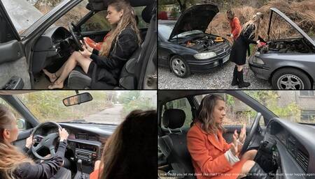 Chloe and Alina charge the battery by revving the engine and practicing driving