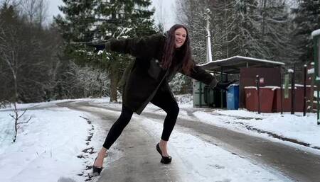 Girl on Heelless shoes walking on ice