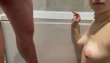 Cute Brunette Devours My Dick in the Bathroom.