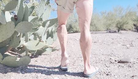 Tempest is wearing flip flops in the desert