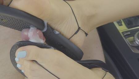 Shoejob in CAR with flat sandals on public parking lot