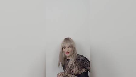 Blonde Crossdresser Tease in Bodystocking and Cumming a Lot