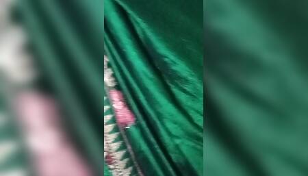 Indian Gay Crossdresser Gaurisissy in Green Saree Pressing Her Big Boobs and Fingering in Her Ass