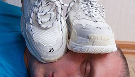 Steamy 19 yo girl in Balenciaga shoes stamps on the obedient man, g488x (slide show) 2160p