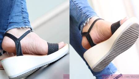 Sandals wedges and dirty foot fetish close-up