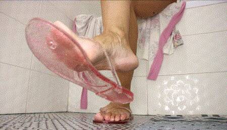 Look at her flip flops when your girl in bathroom
