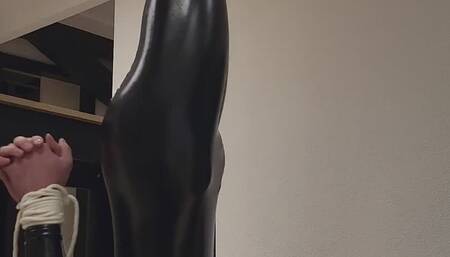 ShinyCat - Suspended catsuit struggle