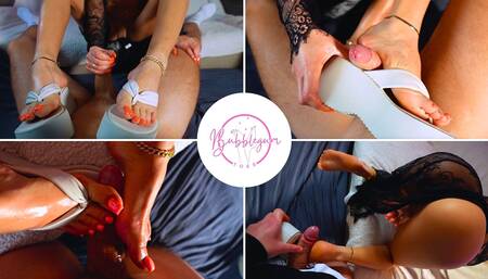 Hot Blonde Plateau Flip Flops Shoejob & Footjob with Long Toenails Ends with Cum on Soles