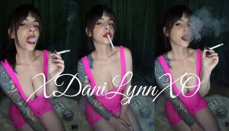 Smoking in Hot Pink Fishnet Dress