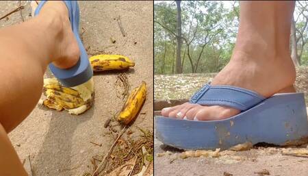 Crushing fruit in big flipflops