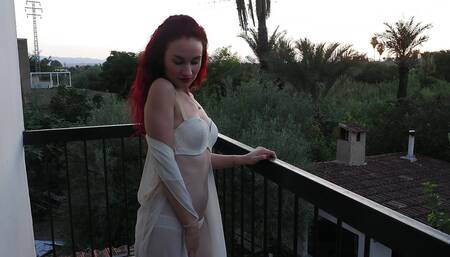 Her Stepdaughter Shows Her Stepfather How to Touch Herself Well on the Balcony