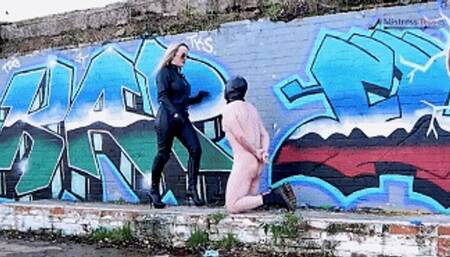 Cold harsh ballbusting, stripped naked by Mistress Tess, Her slave is about to have his balls destroyed on a cold winter's day, She isn't cold, She's dressed in a leather catsuit & knee high Louboutin boots!