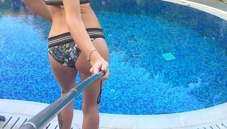 Hor Brunette Babe Lovenia Lux Is Rubbing Her Muff with Fingers and Sex Toy Poolside