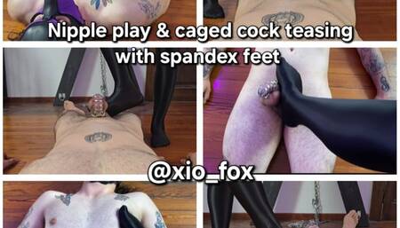 Nipple play and caged cock teasing with spandex feet