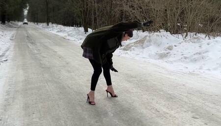 High heels mules on ice, girl on high heels on ice, girl walking on ice, sandals on ice, slippery shoes on ice
