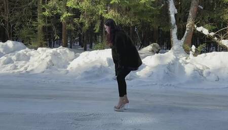 Alena in clear strip platform shoes walking on very slippery ice, girl on ice, walking on ice in high heels