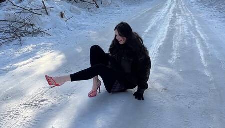 Orange high heels on ice, flip flops on ice, shoes on ice, girl on ice, slippery high heels