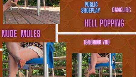 SHE with her elegant nudes mules in public shoeplay