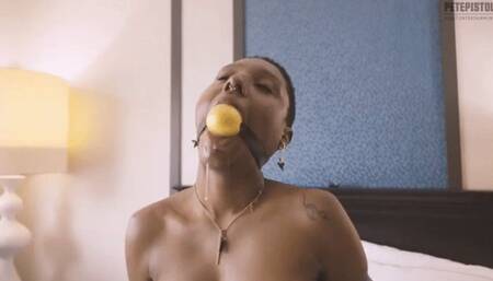 Ebony beauty Kitten Kream naked tied, ball gagged and drooling in Slow Motion