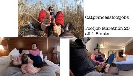 Watch my face as i drain him 8x, in the bushes and in hotel! Milf with glasses and muscly footboy, Footjob marathon 20, all 8 orgasms, milf feet, his pov