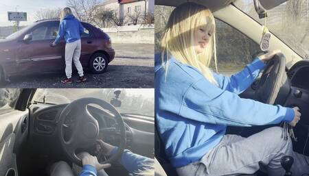 The blonde needs to go to work and she tries to start the car