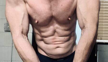 Up close muscle flexing with ab punches and nipple play SD