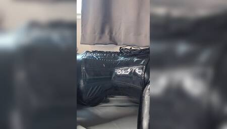 Pvc Catsuit Sissy Plays with Her Sex Toy Doll and Her Fucking Machine