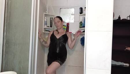 Getting soaking wet in the shower, wearing my sexy silk black night dress