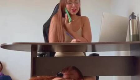 Tickling in the office while Mary works