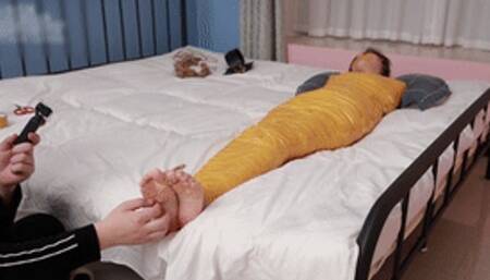 xy249-Barefoot girl bound like a mummy by yellow tape-Part 2