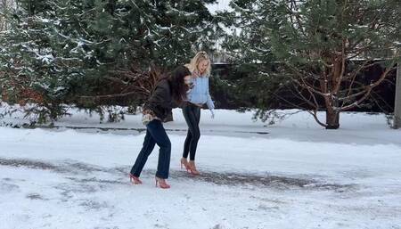 Two girl on high heels mules walking on snow and ice, slippery high heels, flip flops on ice, high heels on ice