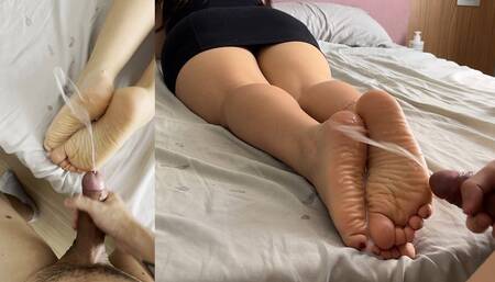 Cuckold POV in boots! Double view cumshot on soles