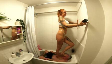 Jennifer Stepping On Her Slave In The Bath Tub In 3 Sets Of Lingerie