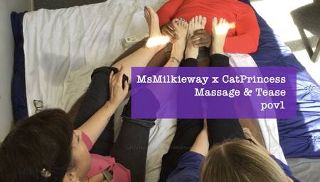 The double foot massage and dick tease before MsMilkieway and CatPrincess drain MrMarathon, pov2, plus bts scenes