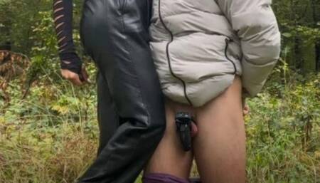 Kitty takes control by electric chasity in the forest