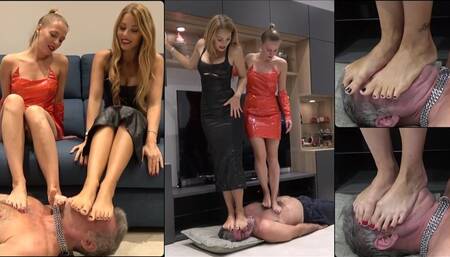 PRINCESS SOPHIE & GODDESS GABRIELLA - Playing with the footslave - HARD face standing, foot smothering, foot domination